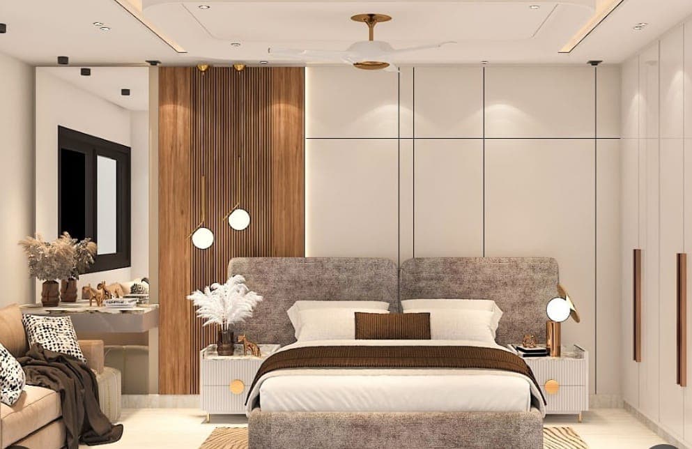 Luxury master bedroom with wood slat panelling and fabric headboards by M B Interior Bikaner