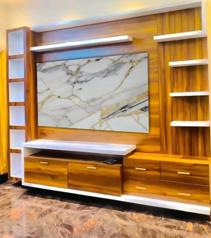 Wooden TV unit with marble back panel and white display shelves designed in Bikaner