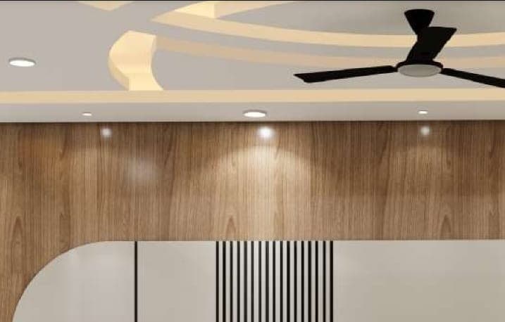 Designer POP false ceiling with golden cove lighting and wooden wall panelling, Bikaner