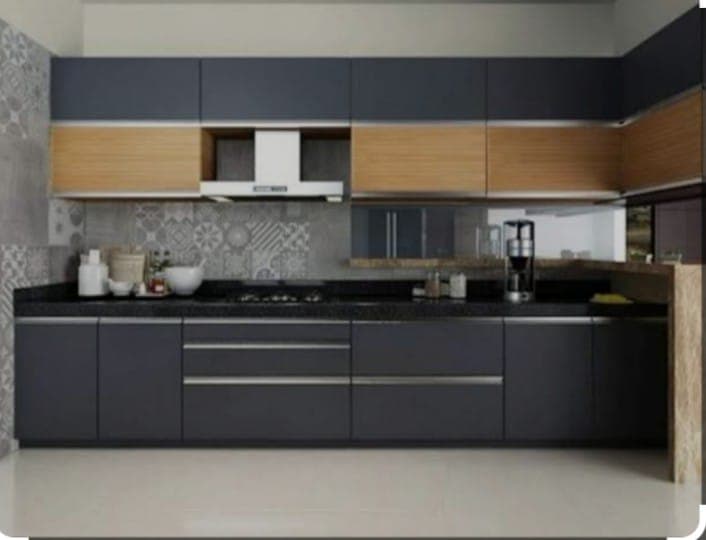 Dark grey and wood straight modular kitchen with black granite counter in Bikaner